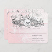 ヴィンテージバードピンクミュージカルスクロールウェディングRSVP 出欠カード (正面/裏面)