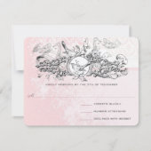 ヴィンテージバードピンクミュージカルスクロールウェディングRSVP 出欠カード (正面)