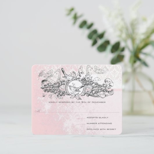 ヴィンテージバードピンクミュージカルスクロールウェディングRSVP 出欠カード (スタンド正面)