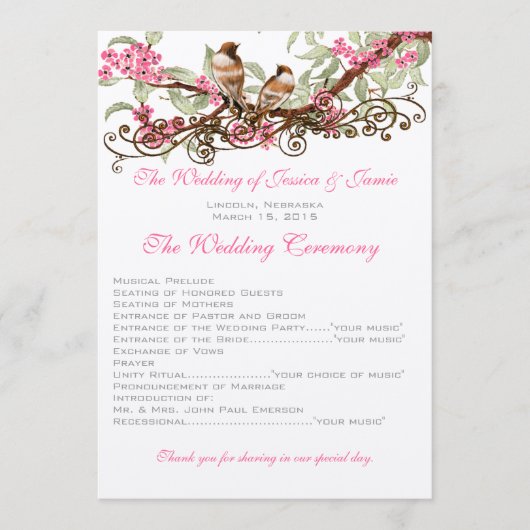 ヴィンテージバードピンク結婚の花 プログラム (正面)