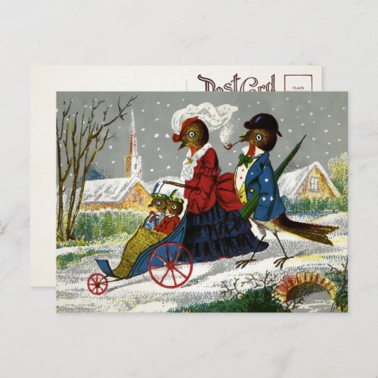 ヴィンテージバードファミリークリスマスポストカード ポストカード (正面/裏面)