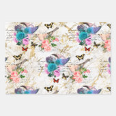 ヴィンテージバードフラワーバタフライアートホワイトゴールド大理石 ラッピングペーパーシート (正面3)