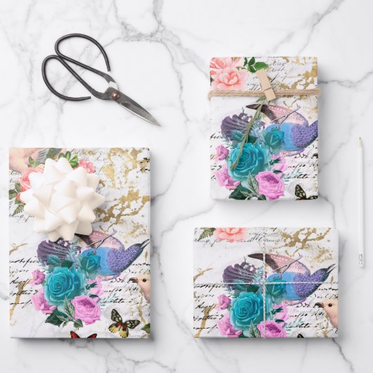 ヴィンテージバードフラワーバタフライアートホワイトゴールド大理石 ラッピングペーパーシート (正面)