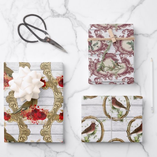 ヴィンテージバードフレームフローラクリスマス  ラッピングペーパーシート (正面)