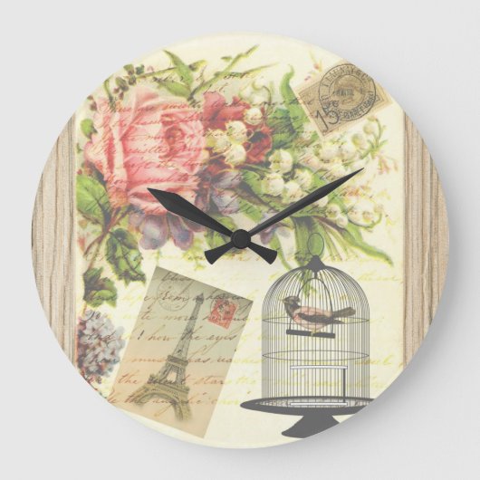 ヴィンテージバードフローラフランスのパリエッフェルタワー ラージ壁時計 (正面)