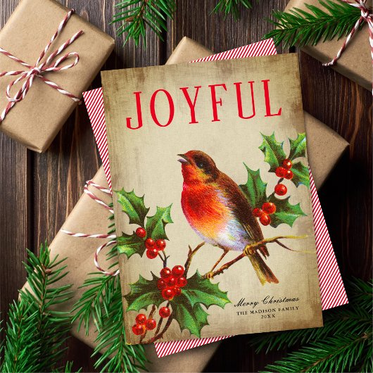 ヴィンテージバードホリー葉ズノンフォトホリデーカード