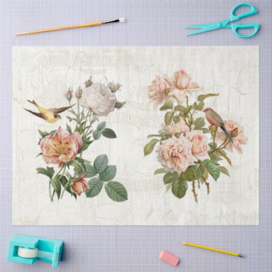 ヴィンテージバードボタニカルフラワーエフエメラデクページ 薄葉紙 (クラフト)