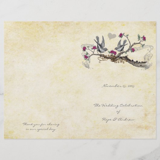 ヴィンテージバード明るい赤紫色&グレー結婚式 プログラム (正面)