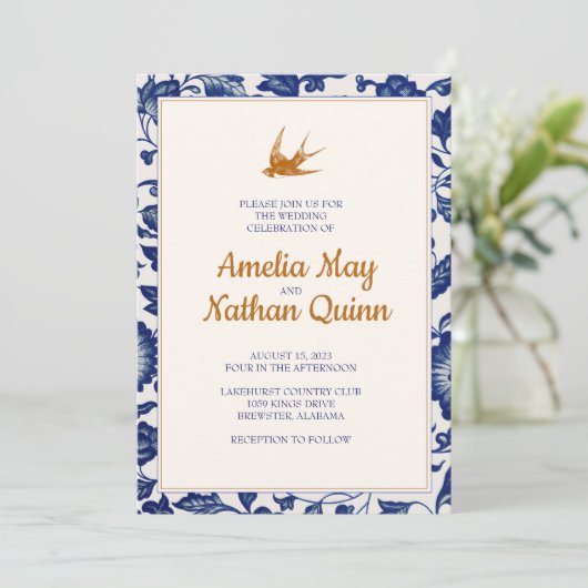 ヴィンテージバード結婚式招待状インエレガントブルー 招待状 (スタンド正面)