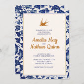 ヴィンテージバード結婚式招待状インエレガントブルー 招待状 (正面/裏面)