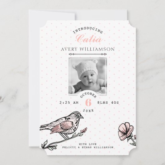 ヴィンテージバード花模様ブラックピンク生誕発表 案内状 (正面)