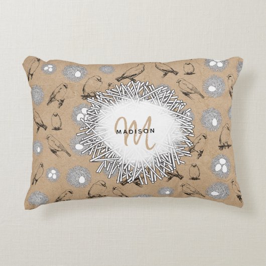 ヴィンテージバード&ネストクラフト素朴ブラウン アクセントクッション (正面)