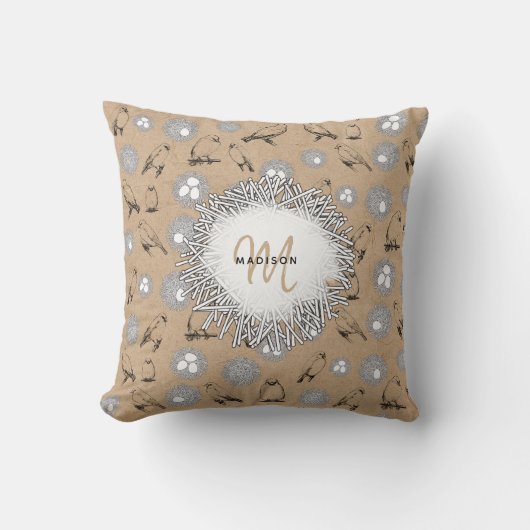 ヴィンテージバード&ネストクラフト素朴ブラウン クッション (正面)