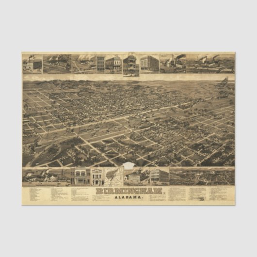 ヴィンテージバーミンガム，アラバマの地図(1885) 薄葉紙 (正面)