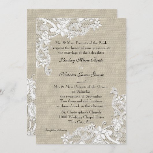 ヴィンテージバーラップとレース結婚ズ 招待状 (正面/裏面)
