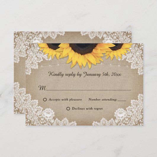 ヴィンテージバーラップレースひまわりウェディングRSVPカード 出欠カード (正面/裏面)