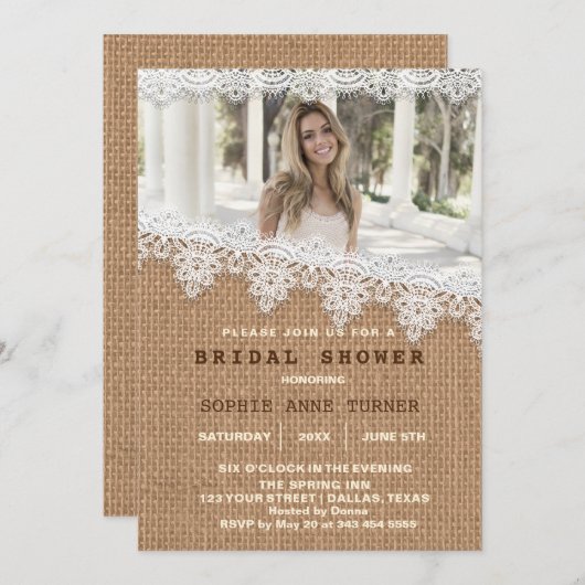 ヴィンテージバーラップレースフォトブライダルシャワー 招待状 (正面/裏面)
