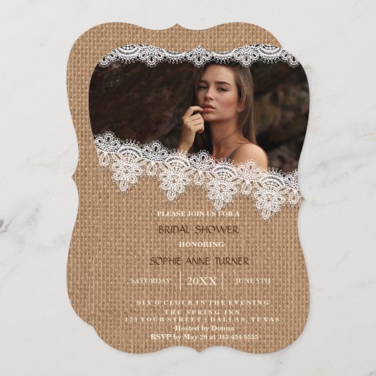 ヴィンテージバーラップレースフォトブライダルシャワー 招待状 (正面/裏面)