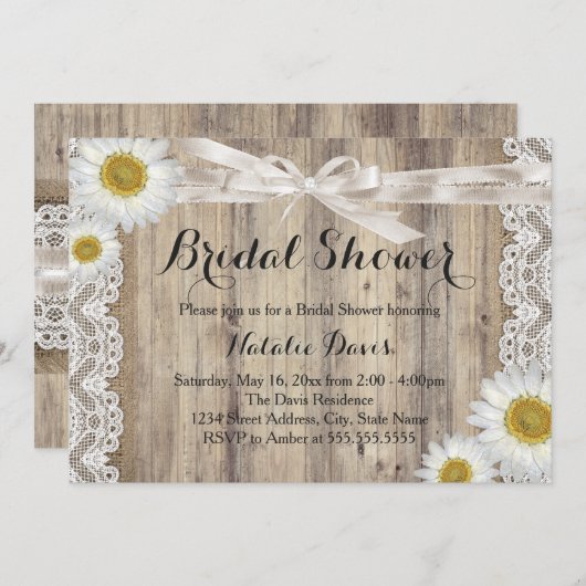 ヴィンテージバーラップレース&デイジーブライダルシャワー招待状 招待状 (正面/裏面)