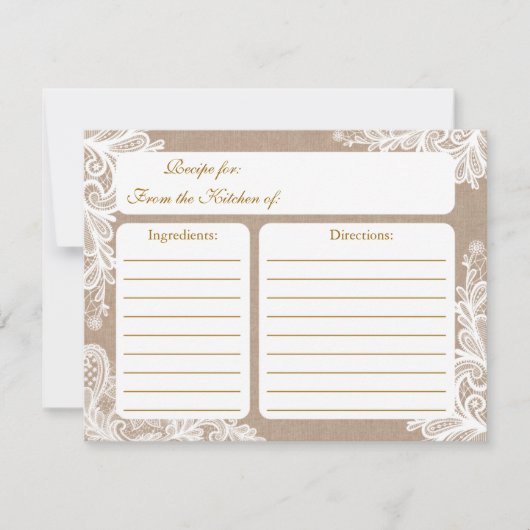 ヴィンテージバーラップ及びレースブライダルシャワーレシピカード (正面)
