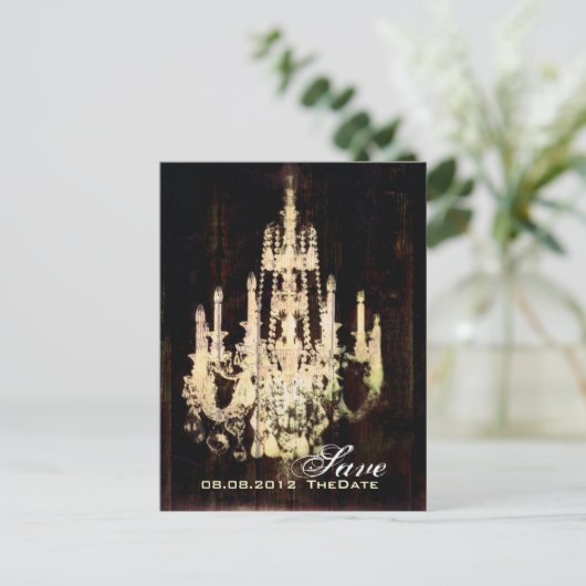 ヴィンテージバーンウッドシャンデリアウェディング日付を保存 案内ポストカード (スタンド正面)