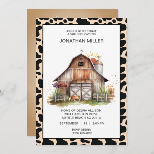 ヴィンテージバーンファームカウバースデーパーティーの招待 招待状 (正面/裏面)