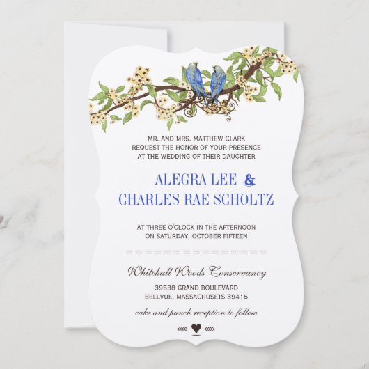 ヴィンテージバ王室のードブルーさくらんぼ結婚ブロッサム 招待状 (正面)