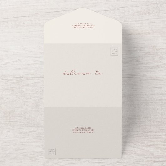 ヴィンテージバ素朴ンレッドQR RSVPファーム結婚ズ オールインワン招待状 (外側)