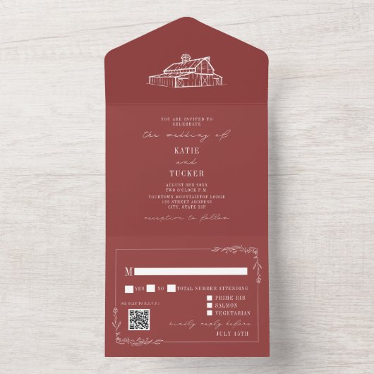 ヴィンテージバ素朴ンレッドQR RSVPファーム結婚ズ オールインワン招待状 (内側)