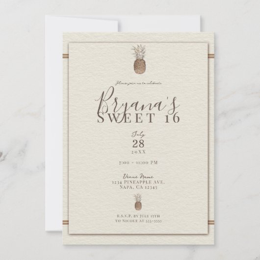 ヴィンテージパイナップルエレガントクリームスウィート16 招待状 (正面)
