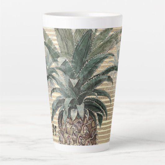 ヴィンテージパイナップルオンゴールドフォイルストライプの カフェラテマグ (正面)