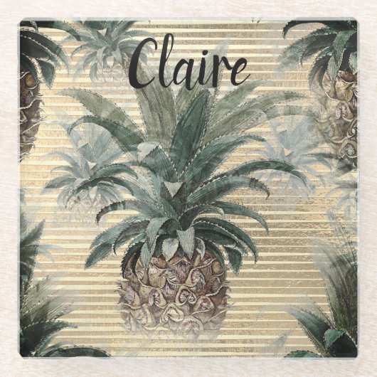 ヴィンテージパイナップルオンゴールドフォイルストライプの ガラスコースター (正面)