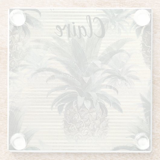 ヴィンテージパイナップルオンゴールドフォイルストライプの ガラスコースター (裏面)