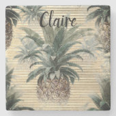 ヴィンテージパイナップルオンゴールドフォイルストライプの ストーンコースター (正面)