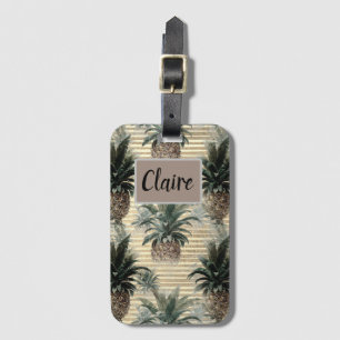 ヴィンテージパイナップルオンゴールドフォイルストライプの ラゲッジタグ