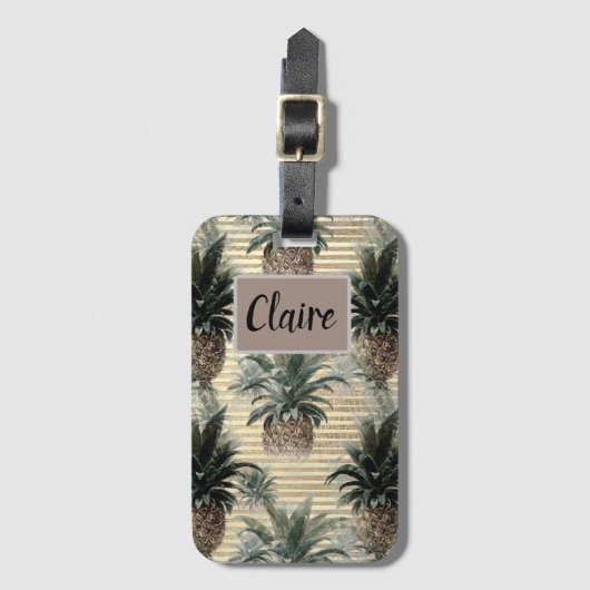 ヴィンテージパイナップルオンゴールドフォイルストライプの ラゲッジタグ (正面縦)