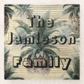 ヴィンテージパイナップルオンゴールドフォイルファミリー名 ガラスコースター (正面)