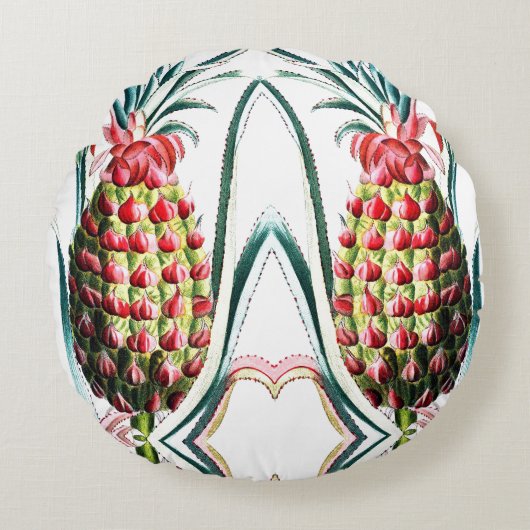 ヴィンテージパイナップル熱帯果実イラストレーション ラウンドクッション (正面)