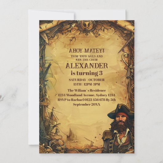 ヴィンテージパイレーツバースデーパーティーアホイマテイオールドマップ 招待状 (正面)