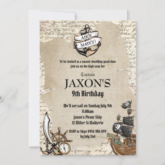 ヴィンテージパイレーツバースデーパーティーアホイマテイオールドマップ 招待状 (正面)