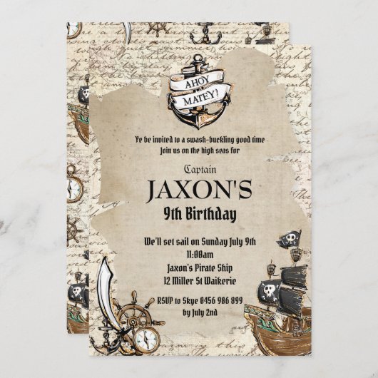 ヴィンテージパイレーツバースデーパーティーアホイマテイオールドマップ 招待状 (正面/裏面)
