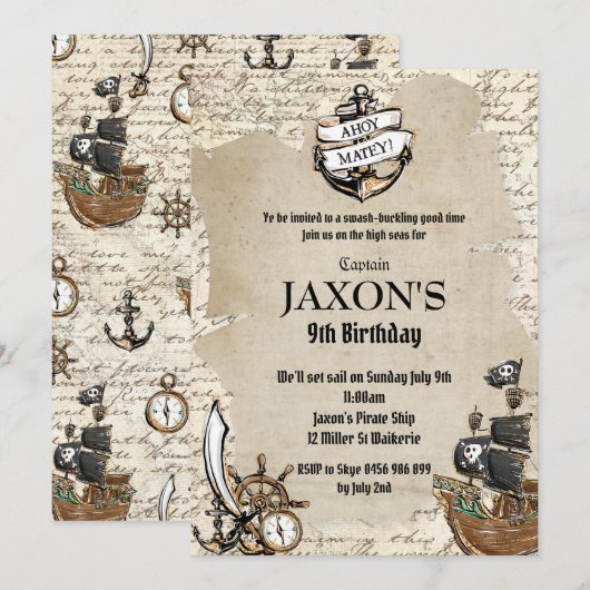 ヴィンテージパイレーツバースデーパーティー オールドマップ 招待状 (正面/裏面)