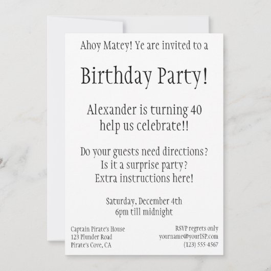ヴィンテージパイレーツ成人誕生日パーティー 招待状 (裏面)