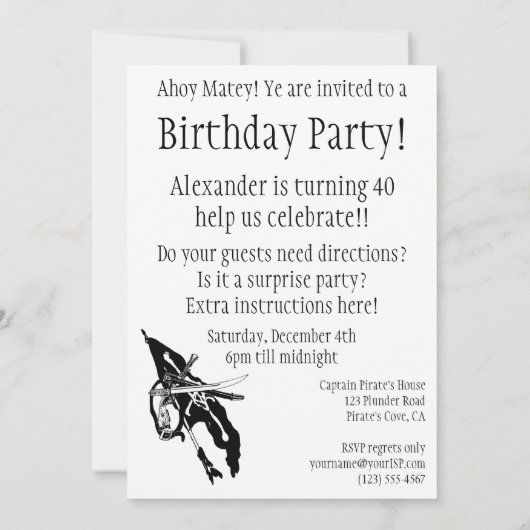 ヴィンテージパイレーツ、成人誕生日パーティーへの招待 招待状 (裏面)