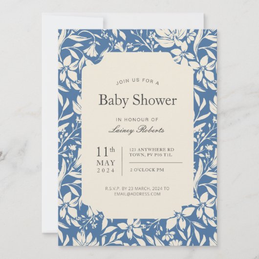 ヴィンテージパインタリー芸術的フローラ(青とベージュ) 招待状 (正面)