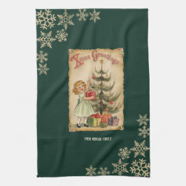 ヴィンテージパインツリー小さな女の子プレゼント雪片 キッチンタオル