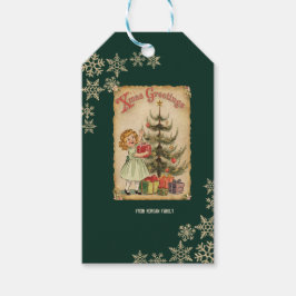 ヴィンテージパインツリー小さな女の子プレゼント雪片 ギフトタグ