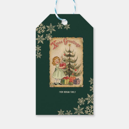 ヴィンテージパインツリー小さな女の子プレゼント雪片 ギフトタグ (正面)