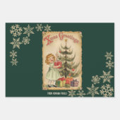 ヴィンテージパインツリー小さな女の子プレゼント雪片 ラッピングペーパーシート (正面)
