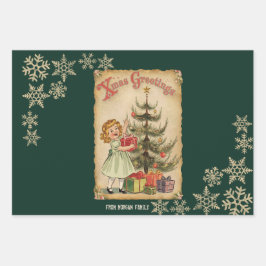 ヴィンテージパインツリー小さな女の子プレゼント雪片 ラッピングペーパーシート